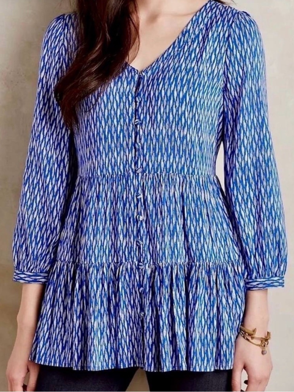 Maeve Anthropologie Lila Tunic Top Small Blue White Abstract Print Peplum Boho